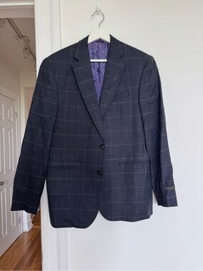 Ted Baker Men's Navy Windowpane Blazer - Classic Two-Button Suit Jacket